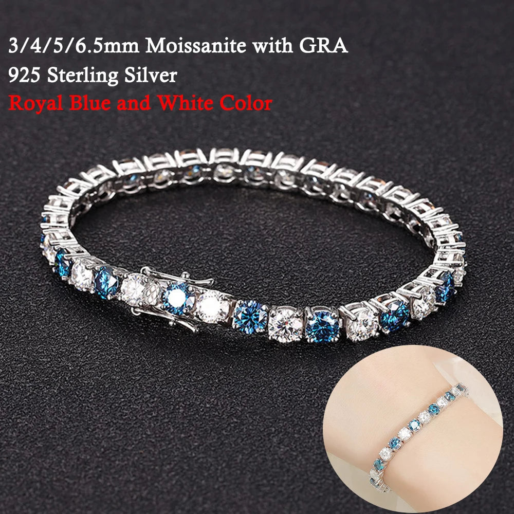 3/4/5/6.5MM Full Royal Blue Moissanite Tennis Bracelet for Women Men Original 925 Sterling Silver Wedding Party Jewelry with GRA