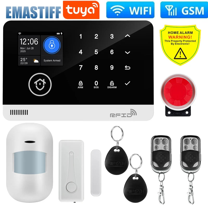 Wireless Tuya APP SIM GSM Home RFID Burglar Security LCD Touch Keyboard WIFI GSM Alarm System Sensor kit Russian,Spanish Voice