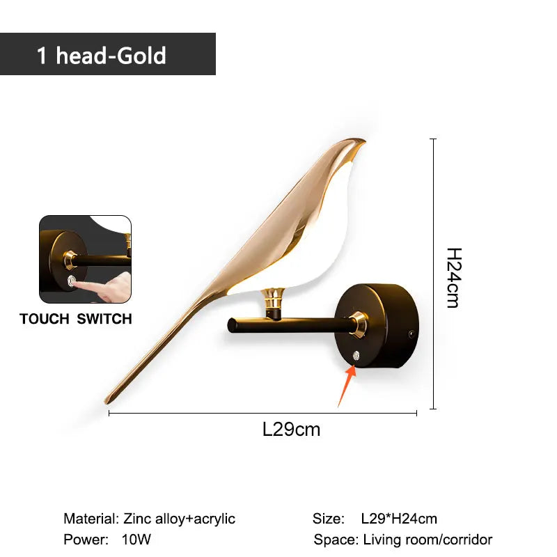Creative Bird 360° Rotatable LED Wall Lamps Bedroom Bedside Indoor Golden Touch Switch LED Wall Lights Wall Sconce Home
