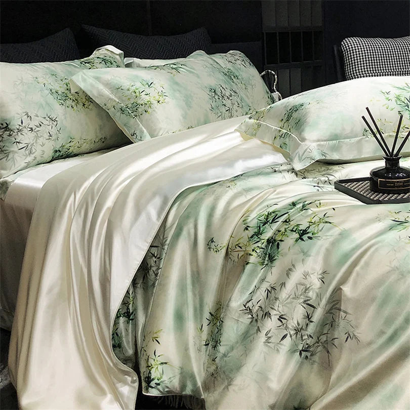 Floral Silk Bedding Set with Duvet Cover Bed Sheet Pillowcase Luxury Couple Single Double King Queen Soft Bedsheet Nordic Smooth
