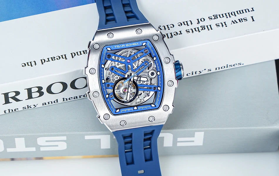 TSAR BOMBA Automatic Watch for Men Waterproof Watch Tonneau Stainless steel Mechanical Wristwatch Silicone Strap Luxury Gift