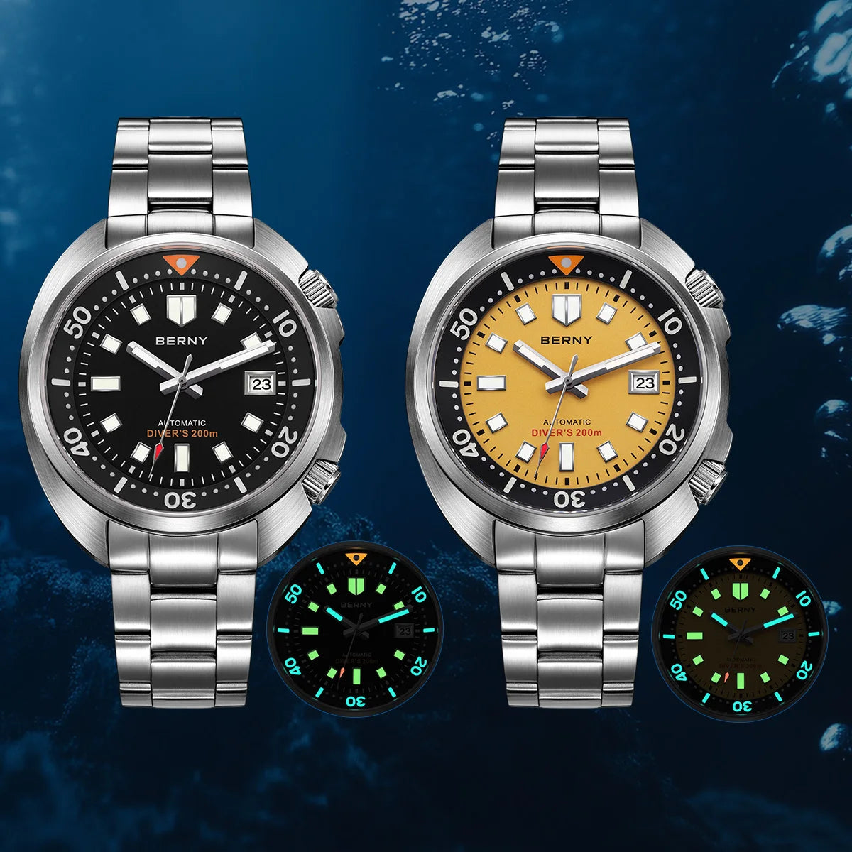 BERNY Automatic Compressor Diver Watch for Men Super Luminous Miyota 8215 Sapphire Swim Sport 20ATM Mechanical Men's Dive Watch