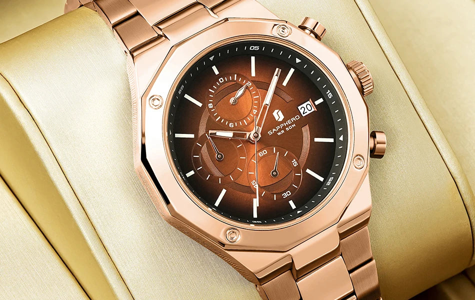 SAPPHERO Rose gold Watch Mens Watch Luxury  Stainless Steel Quartz Watch Business Waterproof Luminous Calendar Wristwatch Gift
