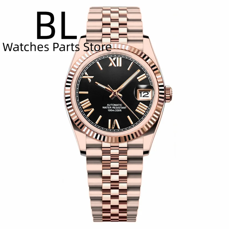 BLIGER 36mm39mm Two-tone Rose Gold Black Dial Watch For Men Date Fluted Bezel Sapphire Glass Rose Roman Index Jubille Bracelet
