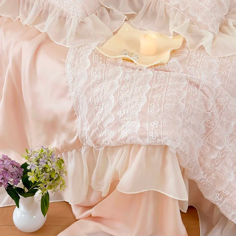 100%Eucalyptus Lyocell Cream White Lace Soft Silky Textured Wrinkle-Free Summer comforter Blanket 1Pc Flat sheet 2Pillow shams