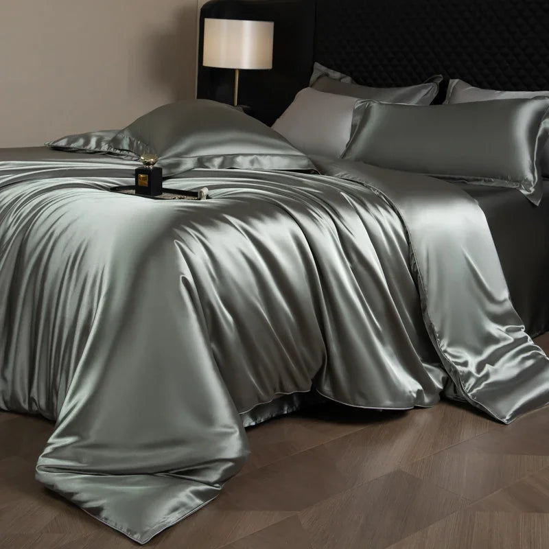 Silk Bed Sheets Set Luxury Bedding Set with Duvet Cover Fitted/Flat Bedheet Pillowcases Mixed with Rayon King Queen Full Twin