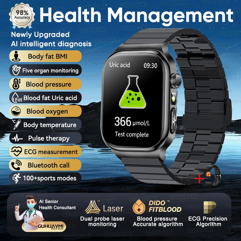 2025 New AI Human Health diagnosis ECG+HRV Smart Watch Blood Pressure Uric acid Blood lipid Bluetooth Call Smartwatch Men Women