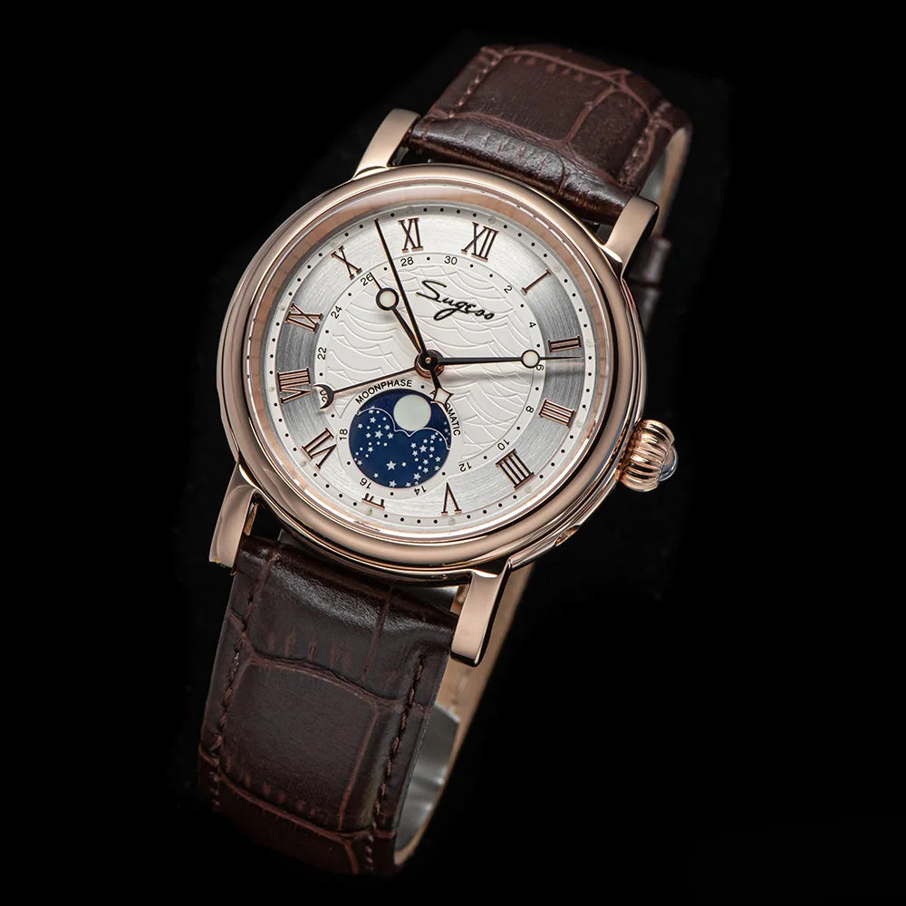 Sugess Watches for Men Automatic Mechanical Watch Moonphase Tianjin ST2108 Waterproof Date Hands Sapphire Crystal Rome Wave Dial
