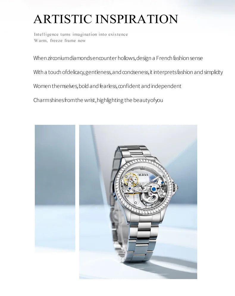 OLEVS Fully Hollow Watch for Women Automatic Mechanical Women's Watches Luminous Luxury Stainless Steel Diamond Inlay Wristwatch