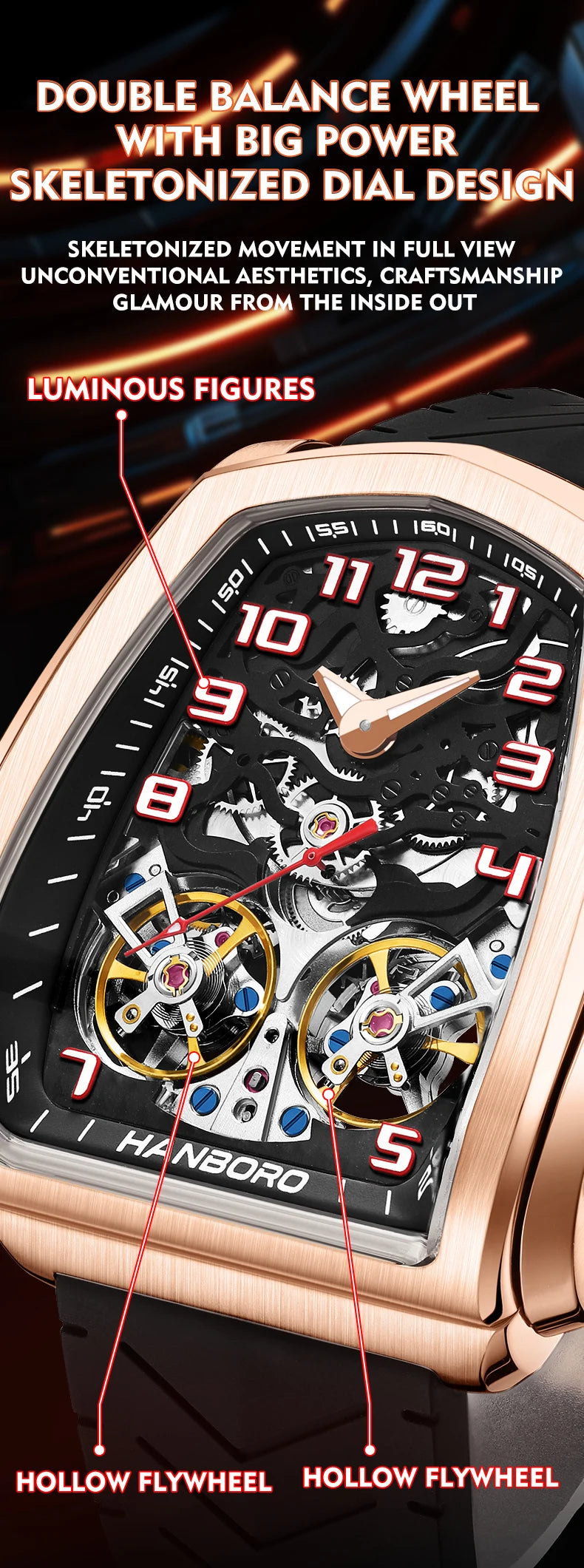 HANBORO fully automatic mechanical men's watch hollowed out wristwatch trend waterproof luminous watch