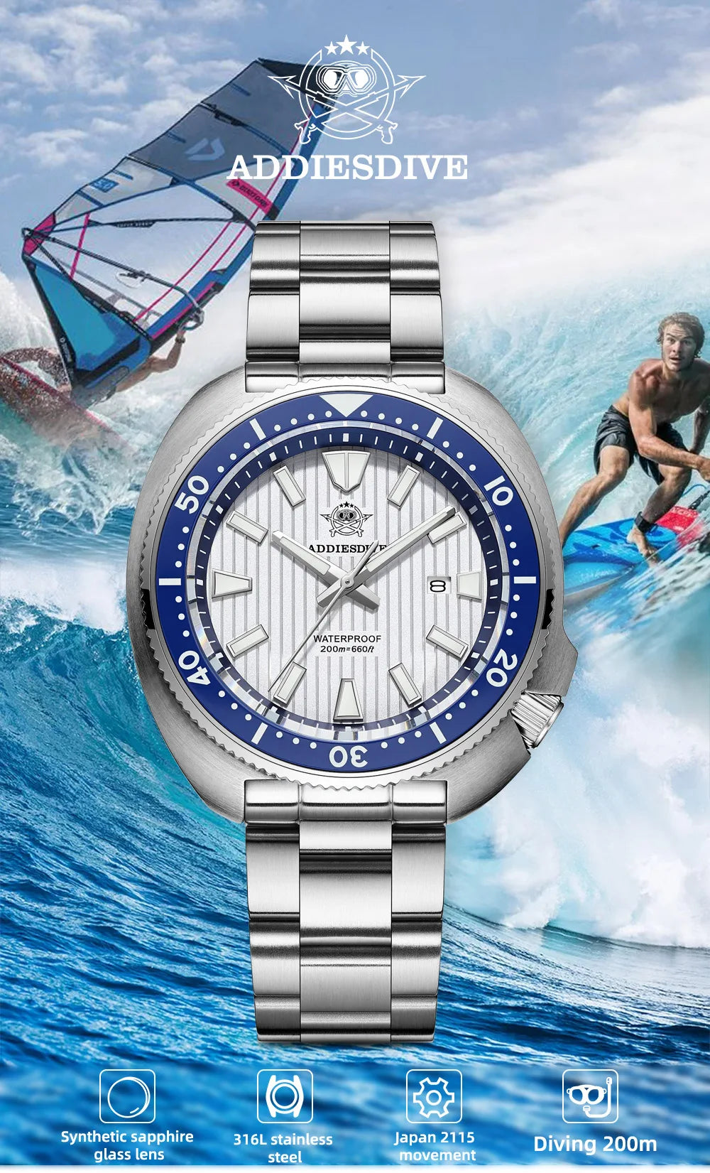 ADDIESDIVE Men's Watch Stainless Steel Sapphire Crystal Quartz Watch Men's Luminous 200M Waterproof Gift Men's Analog Watch