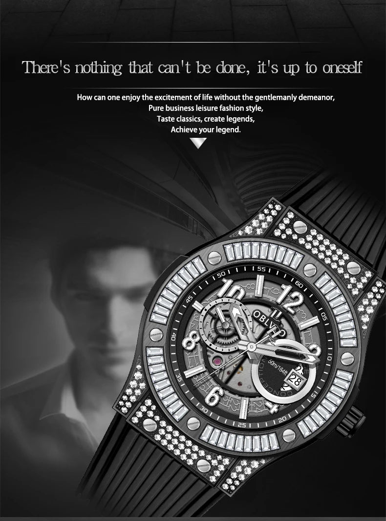 OBLVLO Men's Fashion Rose Gold 44mm Hollow-out Automatic Watch Waterproof Brown Leather Strap Mechanical Clock with Date HM-GT