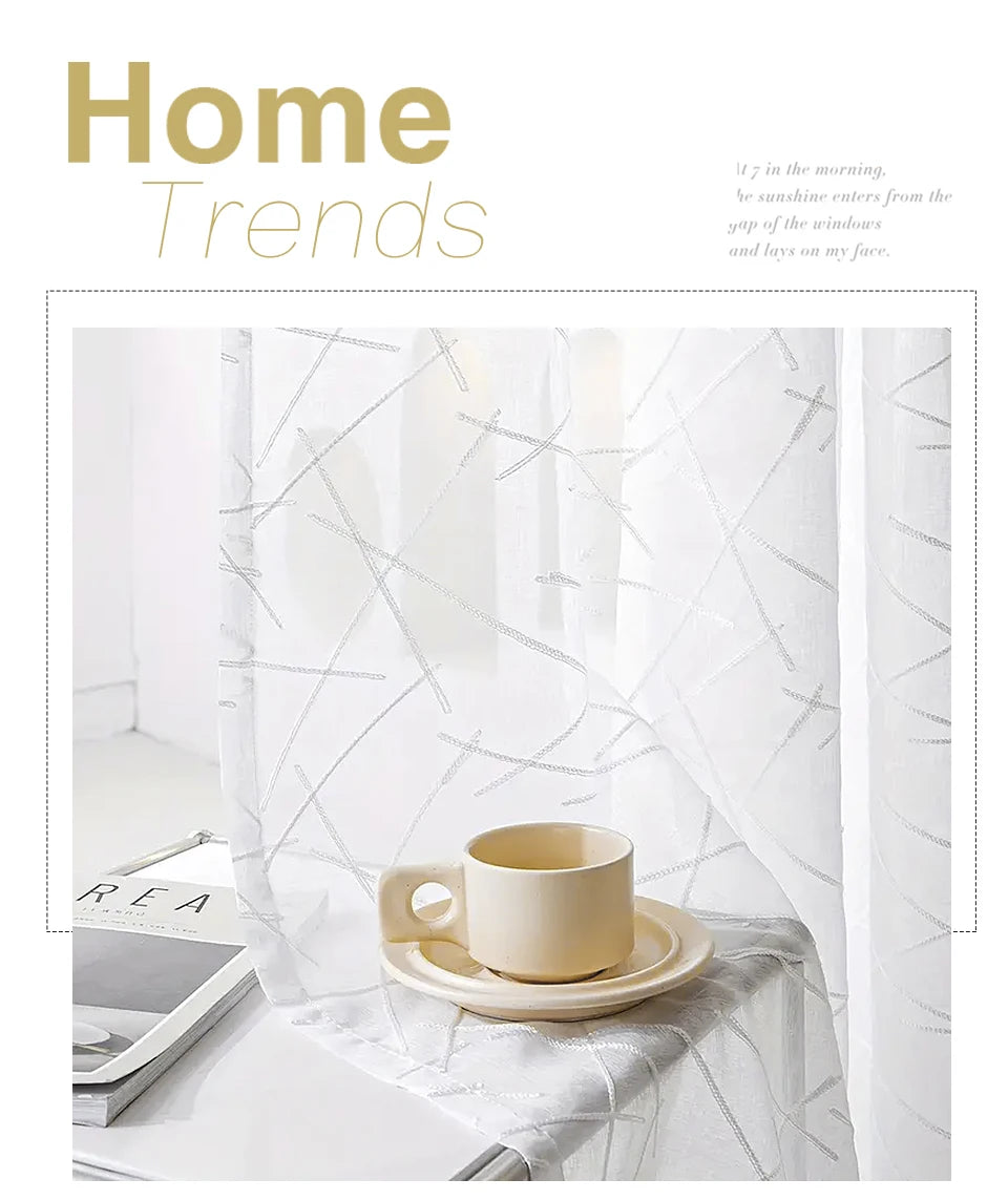 New Geometry White Embroidery Tulle Curtains for the Living Room Modern Sheer Curtain for Bedroom Window Blind Voile Custom Size