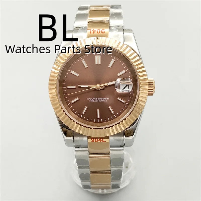 BLIGER Luxury Brown Dial Diamond Time Marks Watches For Men 36mm39mm Two Tone Rose Gold NH35 Movement Sapphire Glass Waterproof