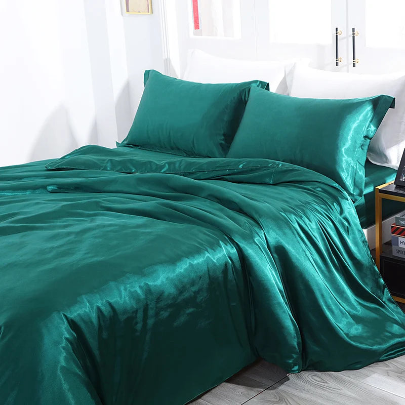 Silk Bedding Set with Duvet Cover Fitted/Flat Bed Sheet Pillowcase Luxury Satin Bedsheet Solid Color King Queen Twin Size