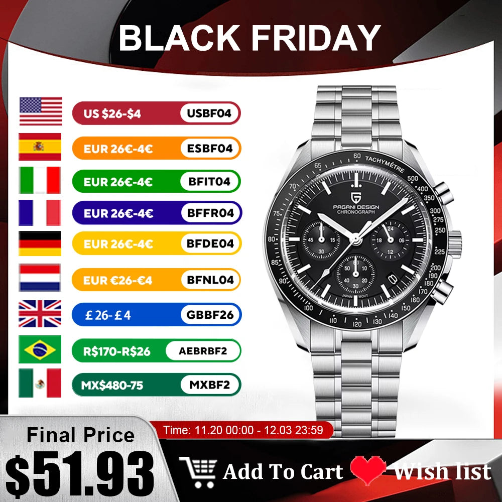 2025 New PAGANI DESIGN V5 Moon Men's Watches Top Luxury Quartz Watch For Men Chronograph Waterproof Sport Stainless Steel Clock