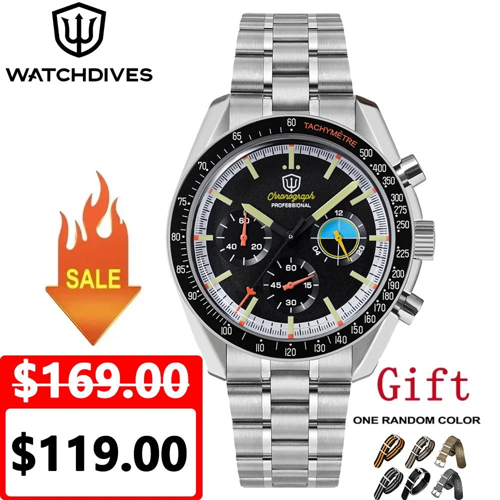 Watchdives WD1863 VK63 Quartz Chronograph Movement Bubble Sapphire Crystal 100m Waterproof Luminous 39mm Vintage Watches