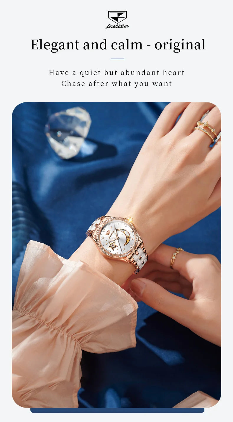 JSDUN Fashion Ceramic Skeleton Women Automatic Mechanical Watches New Luxury Ladies Watch Original Waterproof Lady Wrist Watch