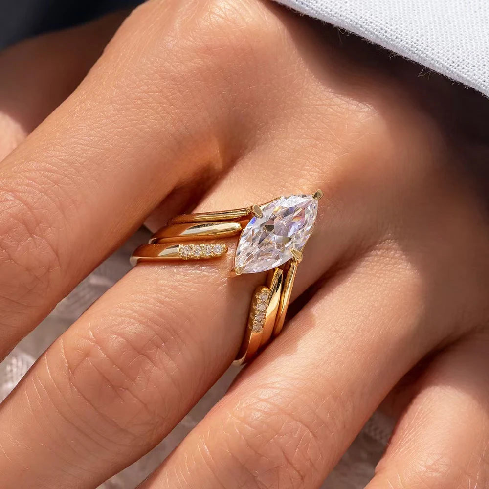 BXINY Marquise Cut Moissanite Ring Set S925 Silver Plate 18K Gold for Women GRA Certified Lab Diamond Wedding Band Gifts Jewelry