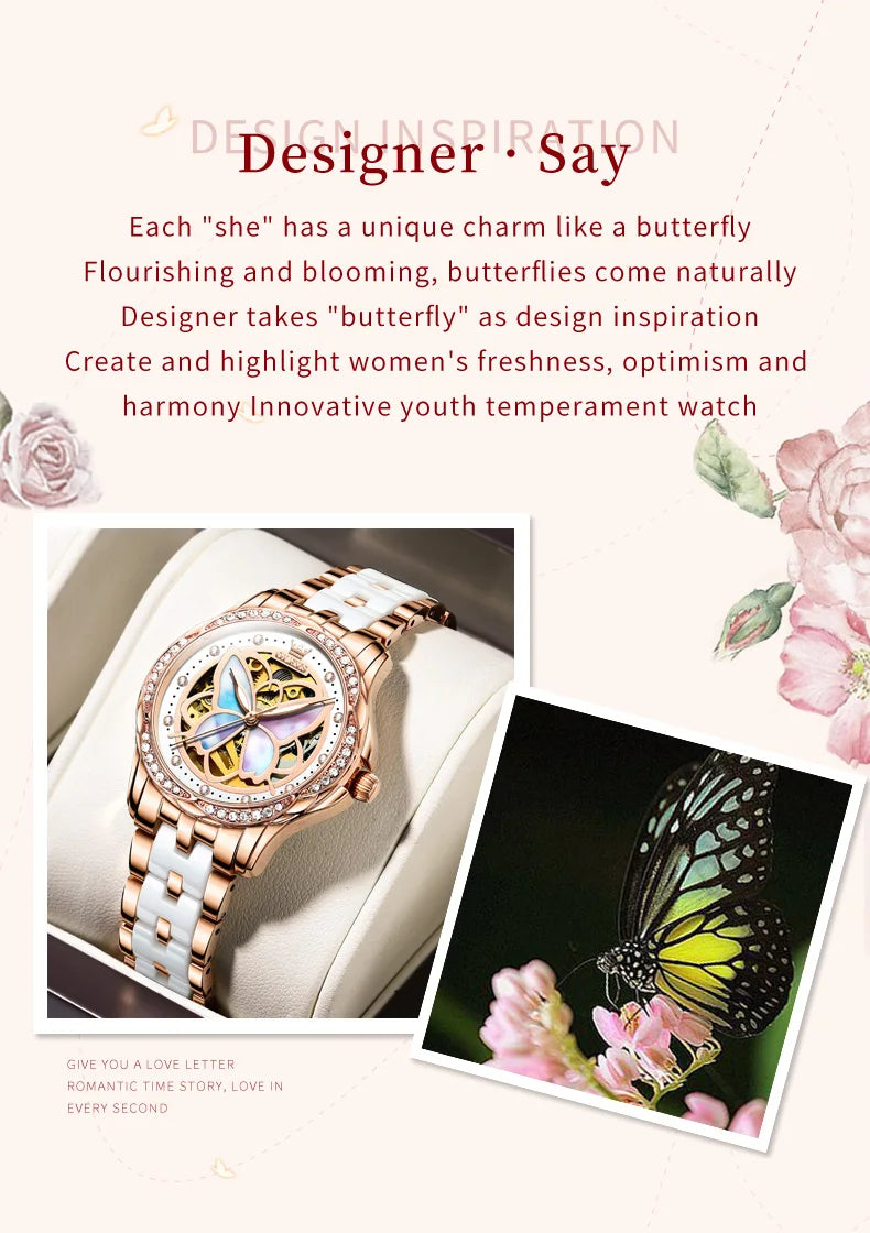 OLEVS 6615 Womens Watch Original Bezel Ceramic Mechanical Automatic Wristwatch Waterproof Luminous Ladies Watch Butterfly Dial
