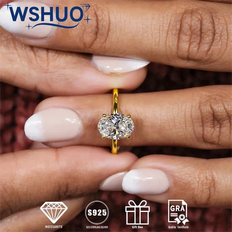 WSHUO 2.5ct S925 Sterling Silver Ring Oval Cut D Grade Moissanite 18K Gold Women's Engagement Ring Stackable Style GRA Certified