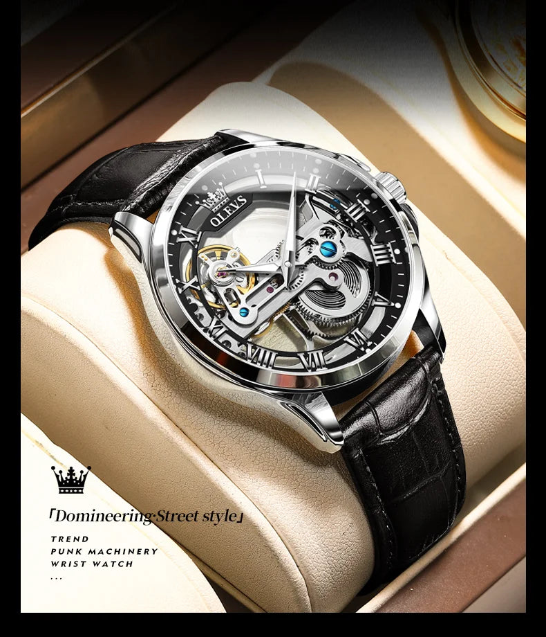 OLEVS Trend Fashion Men's Watches Casual Leather Strap Hollow Out Self-winding Movement Original Automatic Mechanical Wristwatch