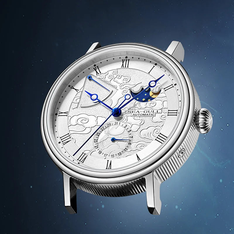 Seagull Moon Phase Watch Auspicious Clouds Special Edition Men's Automatic Mechanical Watch Luxury 41mm Watch for Men 6199 6198