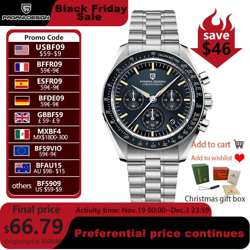 PAGANI DESIGN 2025 New Tribute to CK2998 Moon Watch Men Luxury Quartz Watches For Men AR Sapphire crystal Sport Chronograph Man