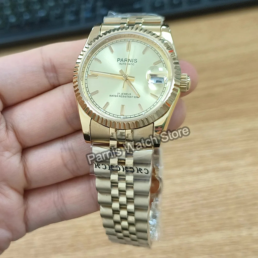 Parnis 36mm Gold Color Luminous Mark Automatic Men's Wristwatch 5 ATM Stainless Steel Jubilee Bracelet