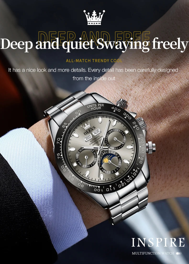 OLEVS 6654 Luxury Mens Watch Chronograph Automatic Mechanical Wristwatch Waterproof Luminous Top Brand Watch for Man Date Sport