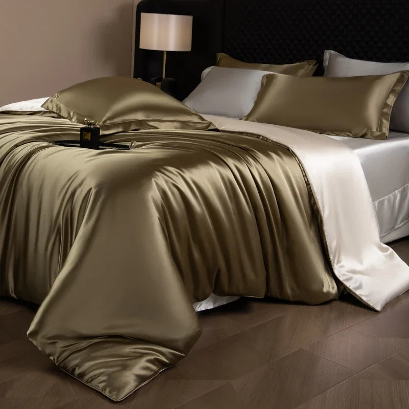 Silk Bed Sheets Set Luxury Bedding Set with Duvet Cover Fitted/Flat Bedheet Pillowcases Mixed with Rayon King Queen Full Twin