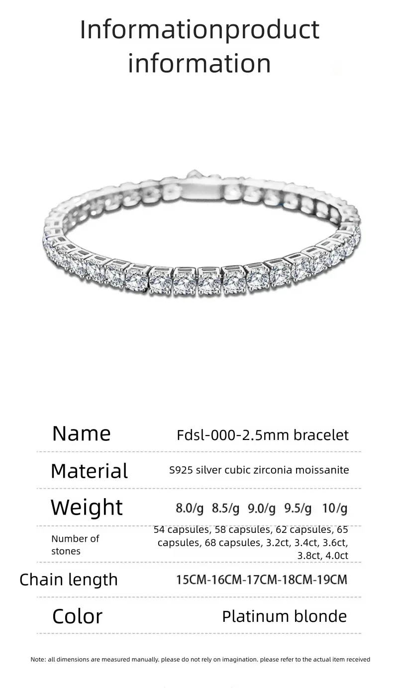 2.5/3/4/5mm Moissanite Tennis Bracelet 925 Sterling Silver Plated White Gold Bracelet for Women Man Sparkling Party Jewelry