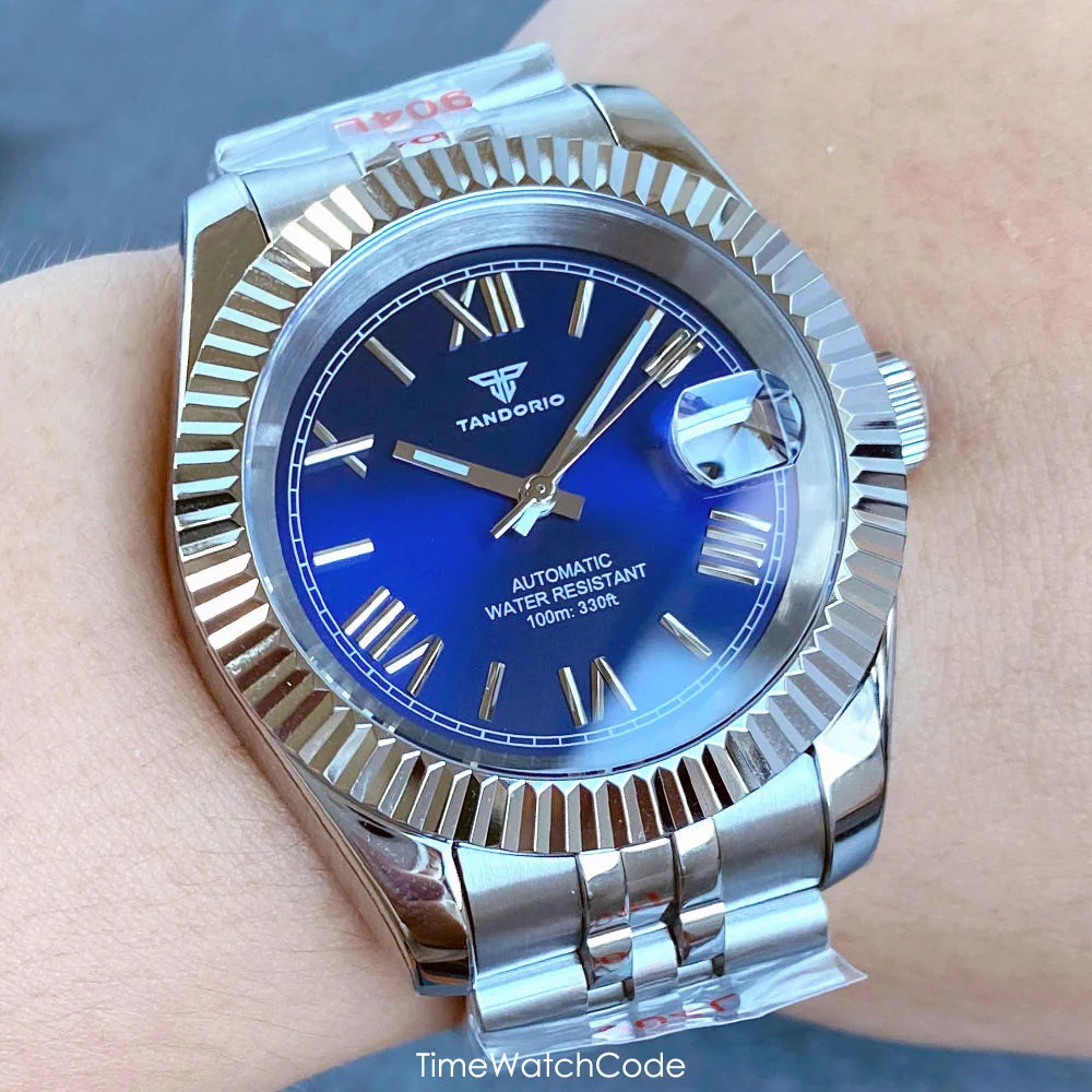 Montre automatique de luxe Tandorio Business pour homme, mouvement NH35A, cadran classique à chiffres romains, lunette cannelée, verre saphir, 36/39 mm