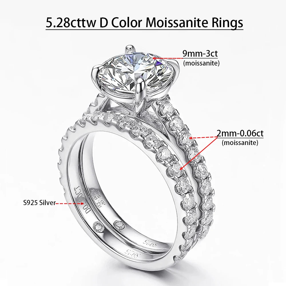 Serenity 6.8cttw D Color Moissanite Rings Set for Women Man Wedding Bridal Gift 100% S925 Sterling Silver Row Rings Fine Jewelry