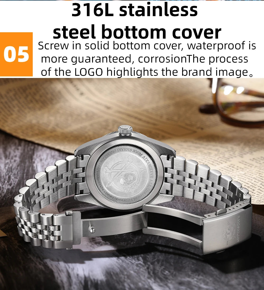 ADDIESDIVE Luxury GMT515-24H Men's Watch Diver 200m Bubble Mirror Glass BGW9 Super Luminous Stainless Steel Men's Analog Watches