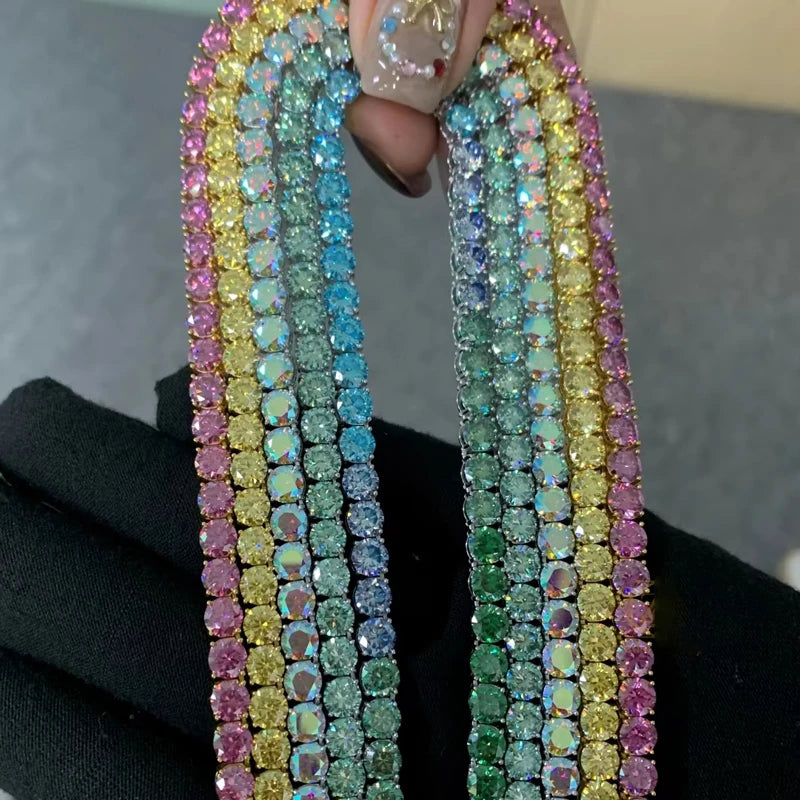 3MM Pink Full Moissanite Tennis HipHop Blue Green Yellow Purple Bracelet S925 Sliver Plated White Gold Bracelet for Women Men