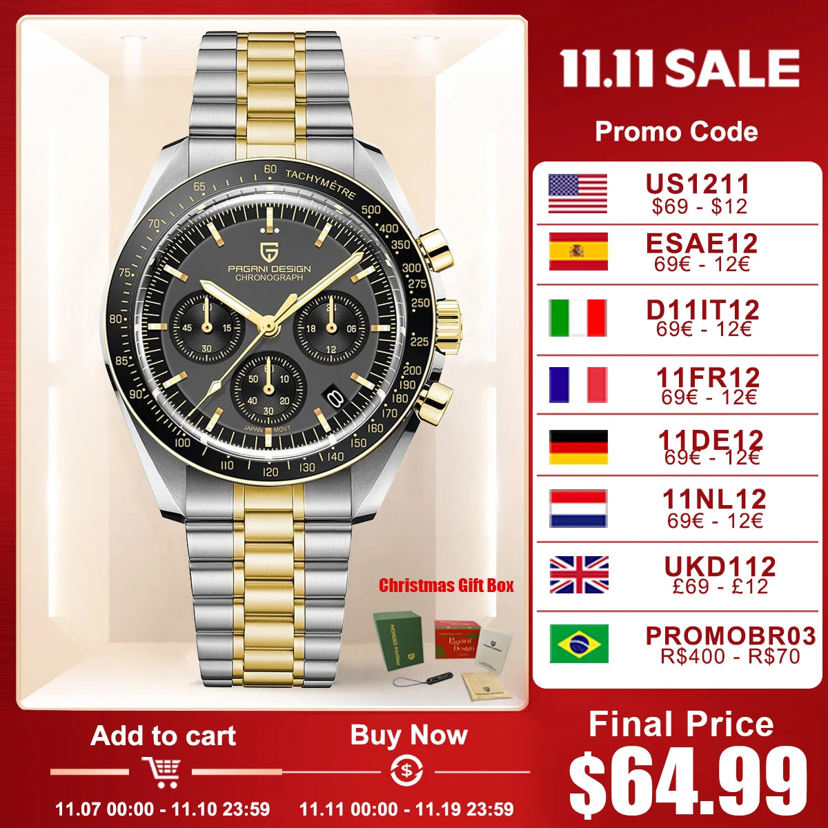 PAGANI DESIGN PD1701 Gold Luxury Men's Watches Quartz Wristwatches Chronograph VK63 Watch For Men AR Sapphire Mirror Clock Gifts