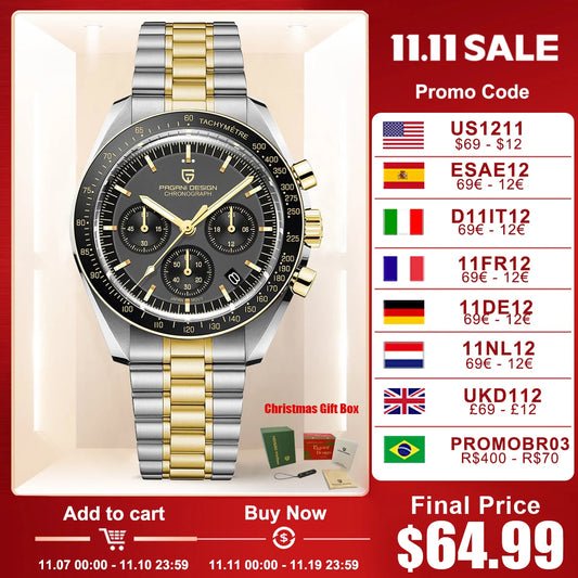 PAGANI DESIGN PD1701 Gold Luxury Men's Watches Quartz Wristwatches Chronograph VK63 Watch For Men AR Sapphire Mirror Clock Gifts