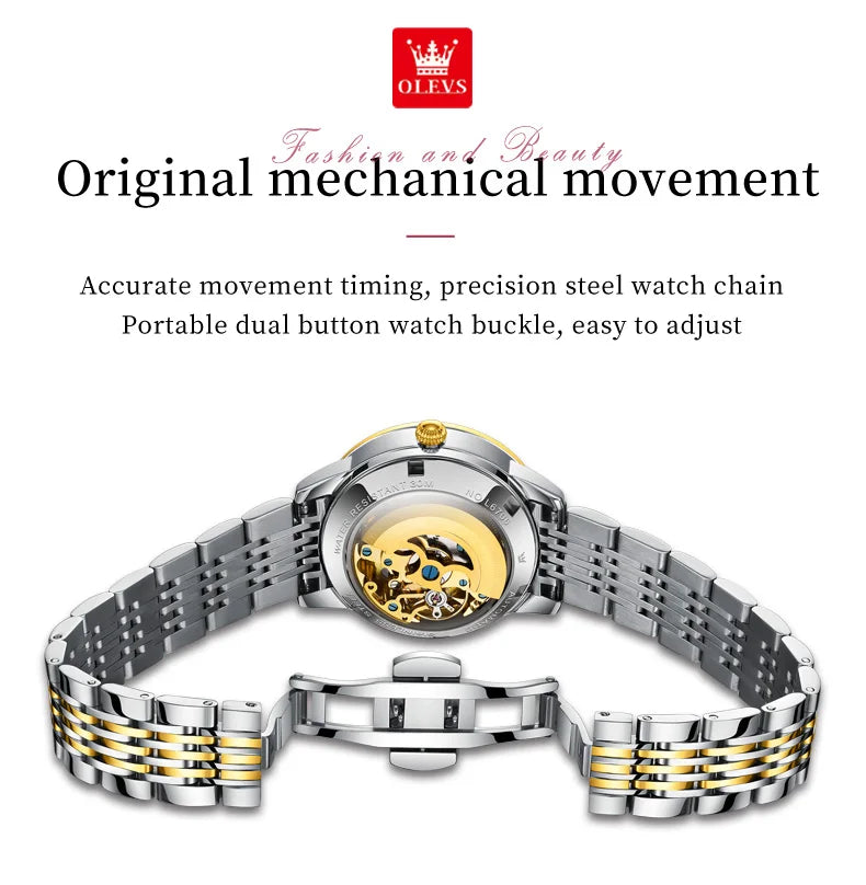 OLEVS 6706 Elegante Damenuhr mit Diamanten, wasserdicht, mit Nachtlicht, Automatikwerk, mechanisches Uhrwerk, Geschenkset