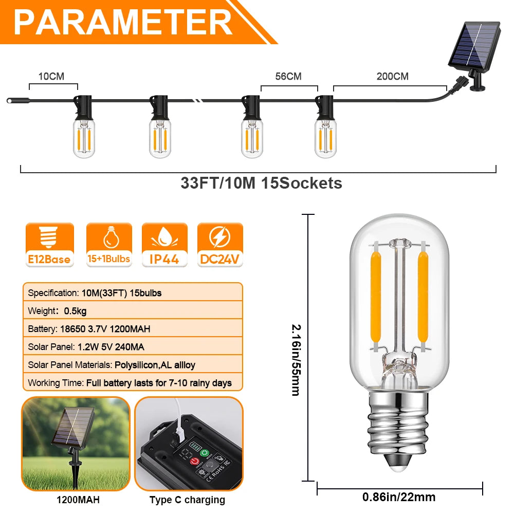 Solar String Light Outdoor Waterproof T22 Bulbs LED Solar Powered Patio Lights for Outside Porch Backyard Bistro Garden Market