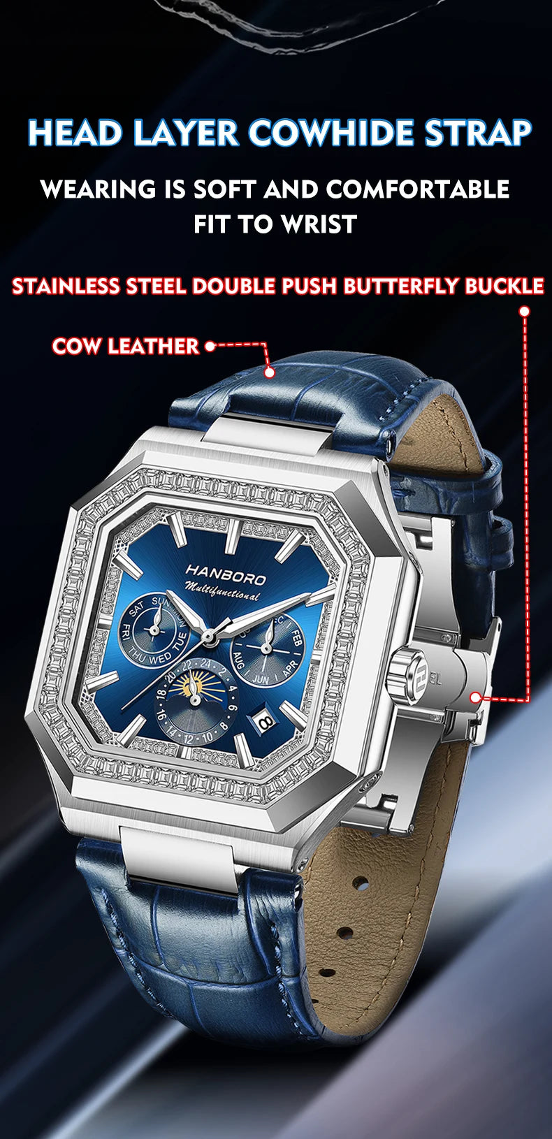 HANBORO Square Men's Fully Automatic Mechanical Watch Multi functional Fashion Trend Watch