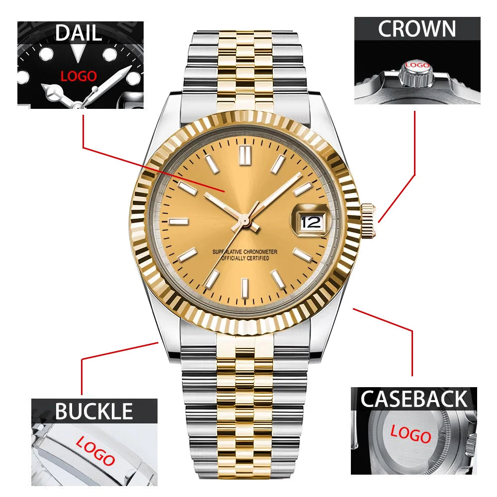 Uhr mit individuellem Logo, NH35-Uhrwerk, 36 mm/39 mm, Damen-/Herrenuhr, Saphirglas, Gold, mechanische Armbanduhr, 100 m wasserdicht, reloj hombre