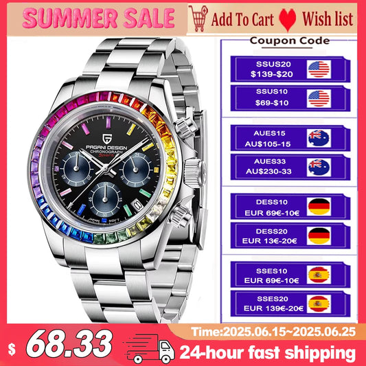 2025 New PAGANI DESIGN Rainbow Circle PD1644 Luxury Quartz Watch For Men Automatic Wristwatches Men Sport Waterproof Chronograph