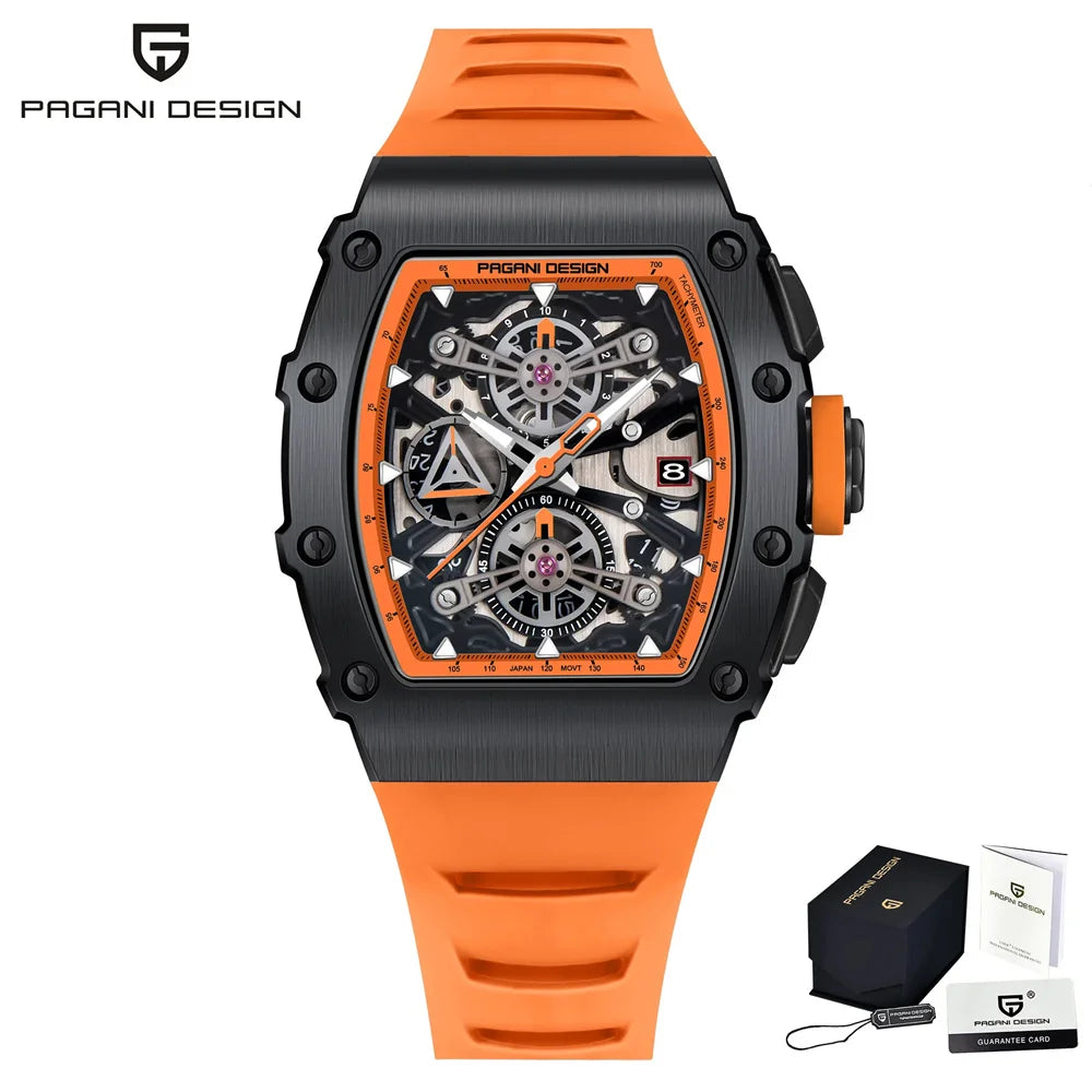 Pagani Design Men's Quartz Watches Japan Movt Skeleton Dial Waterproof Sport Rectangle Sapphire Glass Chronograph Watch For Men