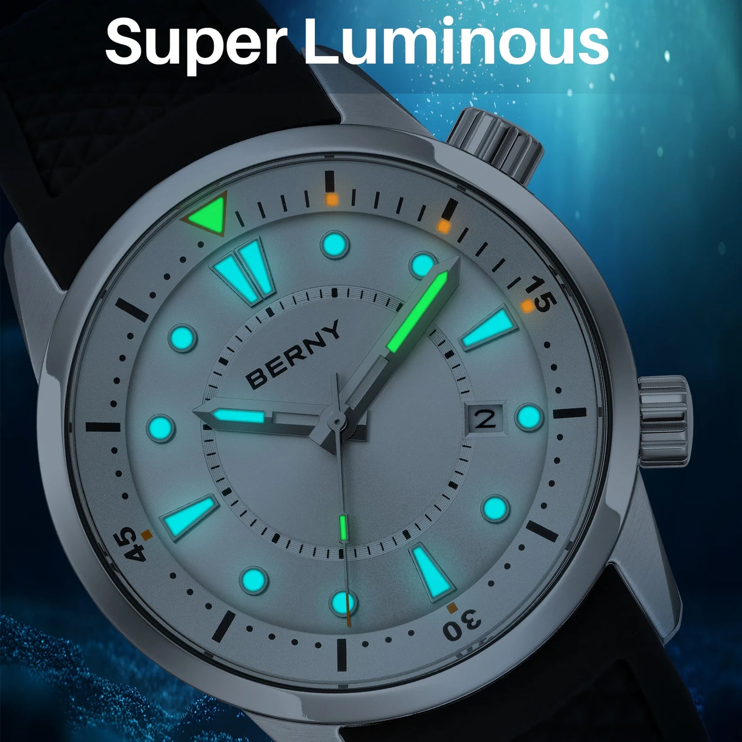 BERNY Automatic Diver Men Watch 200M Waterproof Miyota 8215 Sappire AR Coated Silicone Sports Swim Wristwatch Men's Diver Watch