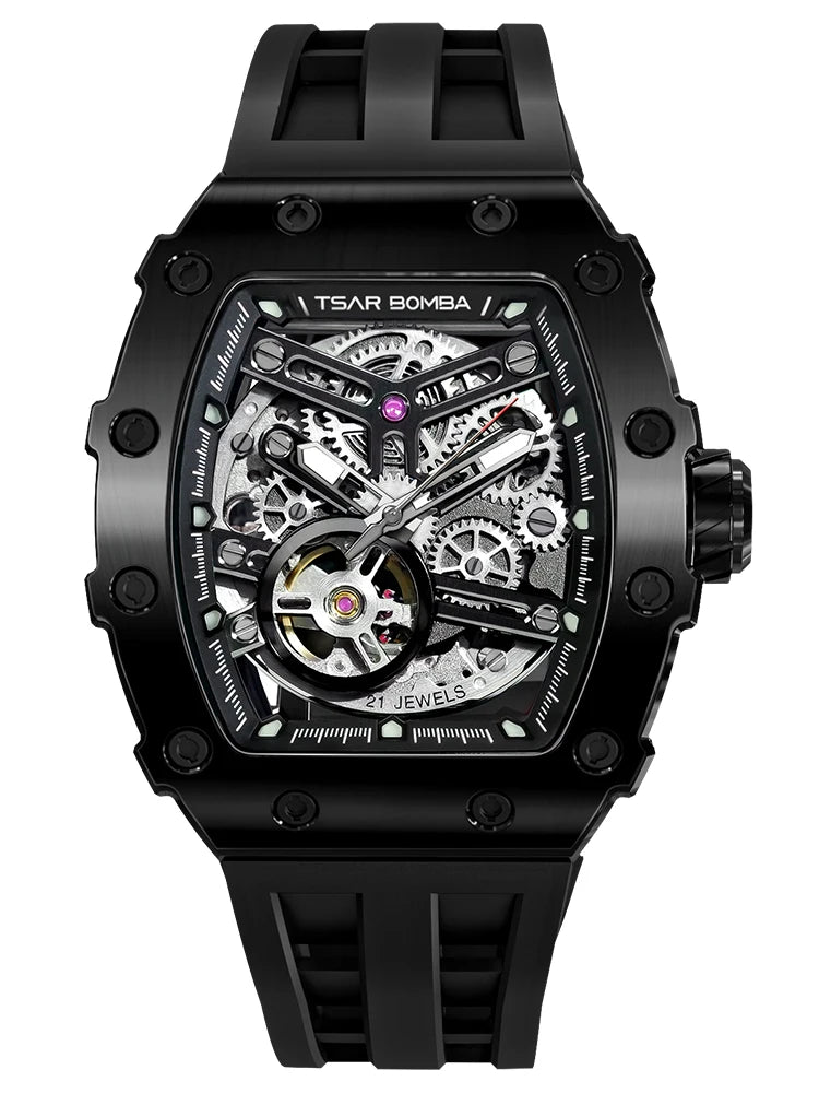 TSAR BOMBA Automatic Watch for Men Waterproof Watch Tonneau Stainless steel Mechanical Wristwatch Silicone Strap Luxury Gift