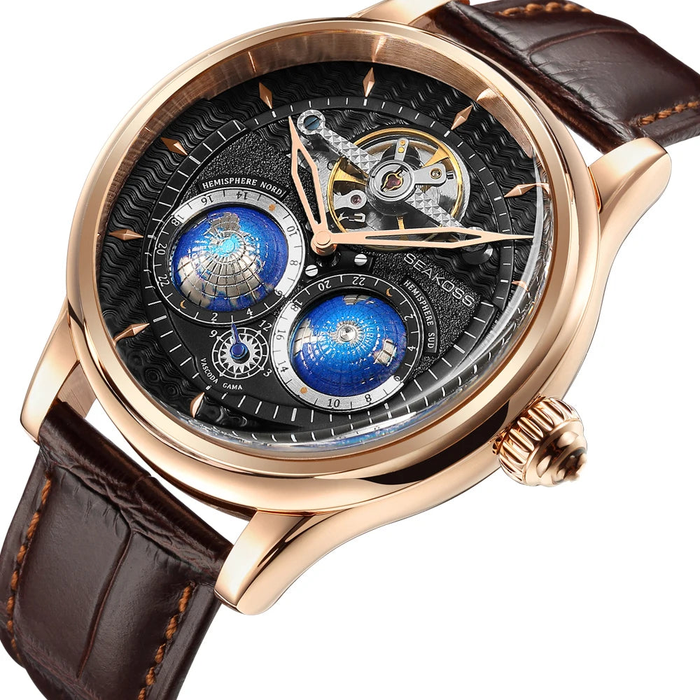 SEAKOSS Double Globe Automatic Rotating Men Mechanical Watches Earth Flywheel Device Men's Military Wristwatches 1963 Clock