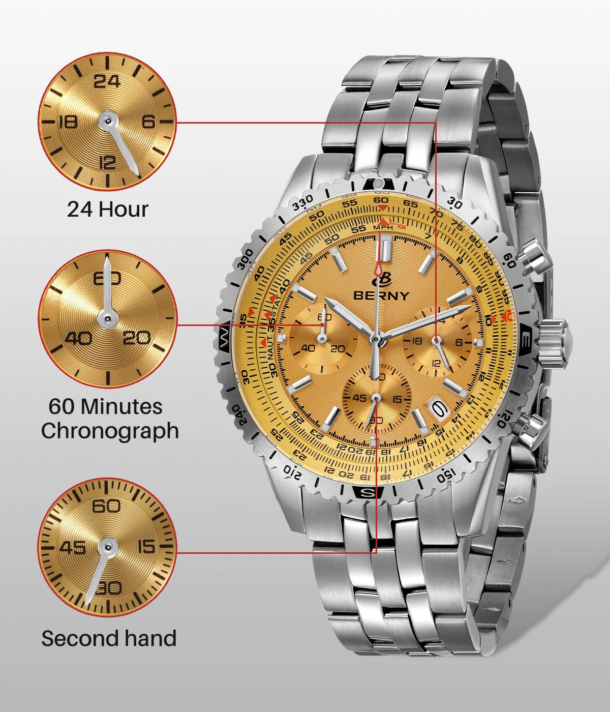 BERNY Aviation Pilot Men's Watches Quartz Chronograph Watch Date Sapphire Super Luminous Luxury Brand Dress Man Wristwatch