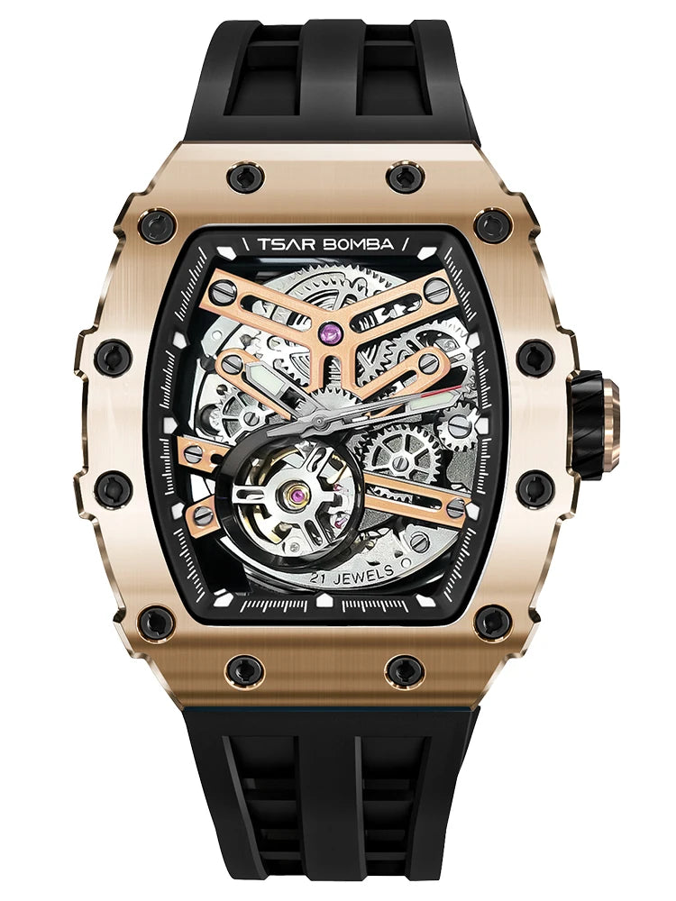 TSAR BOMBA Automatic Watch for Men Waterproof Watch Tonneau Stainless steel Mechanical Wristwatch Silicone Strap Luxury Gift