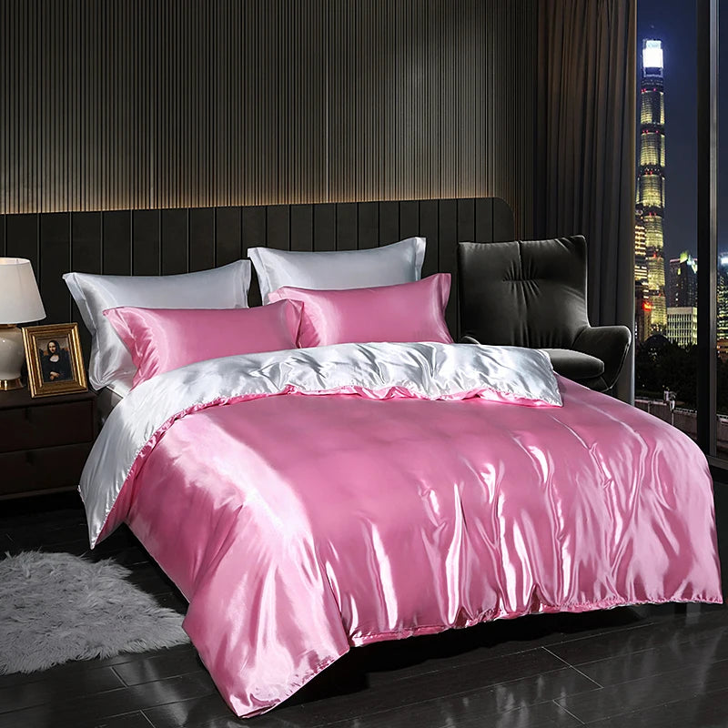 Luxury Satin  Bedding Set With Flat Sheet Duvet Cover High End Bedding Set  High Density Satin  Solid Color Bedding